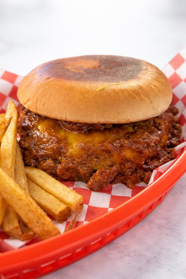 Chili burger with melted cheese and crispy fries