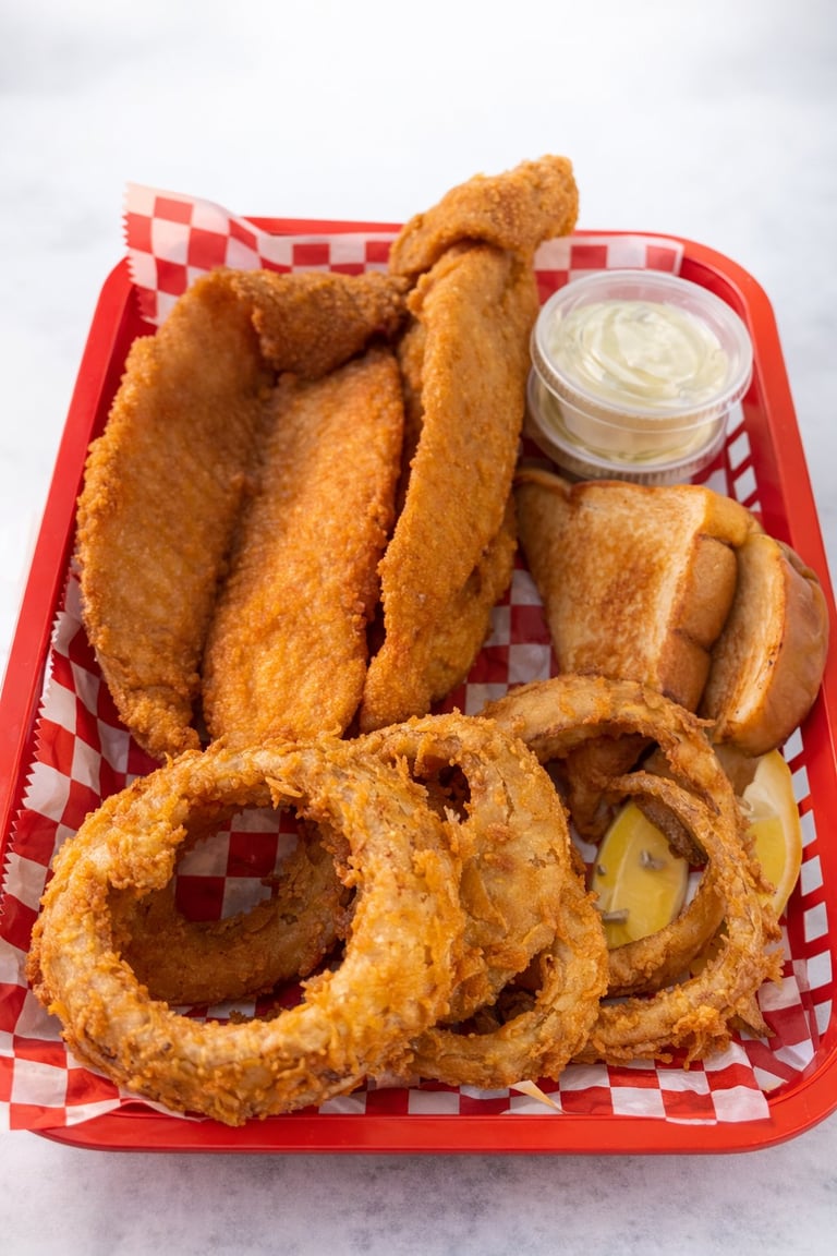 Fried seafood basket with golden fish fillets, onion rings, and white sauce on red checkered paper